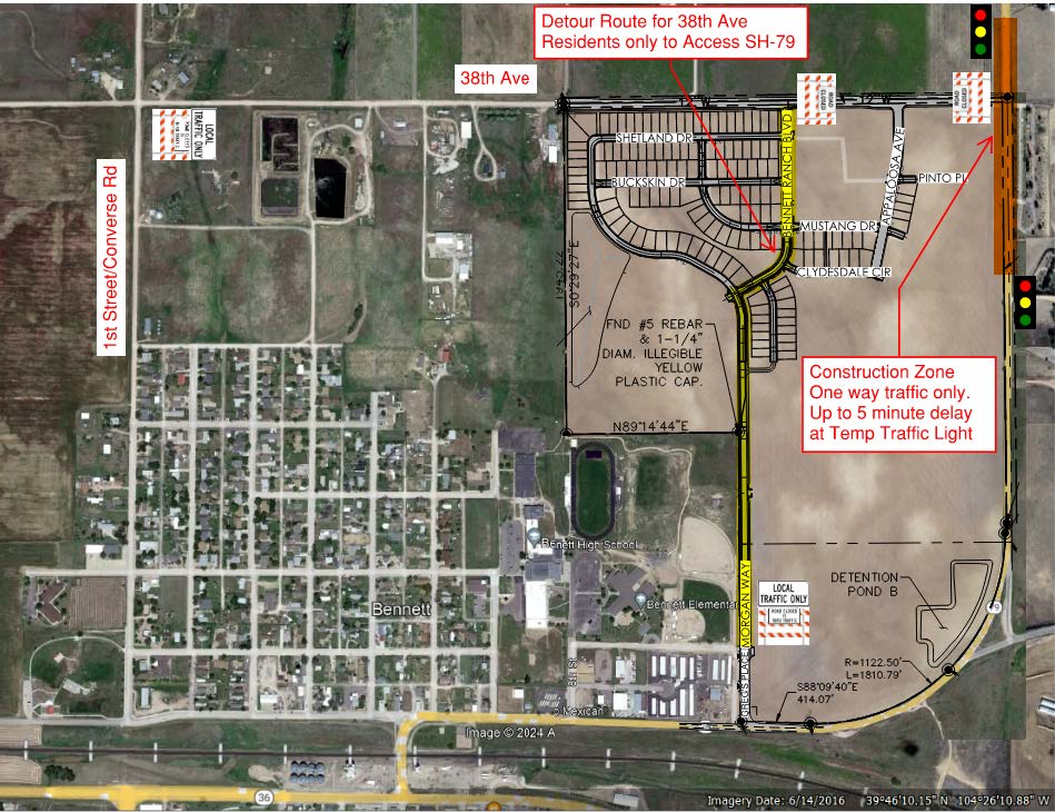 Map of the Town of Bennett construction zone at State Highway 79 and 38th Avenue