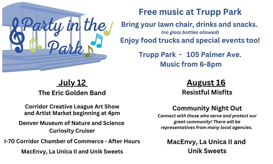 Blue and green Party in the Park logo, and descriptions of the events including date, musical talent and food trucks