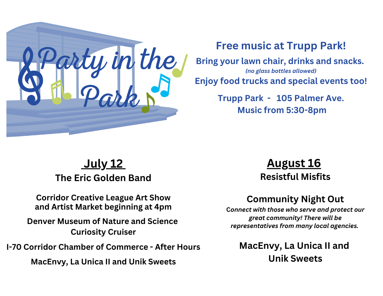 Party in the Park logo with dates for live entertainment and info about food trucks and activities.