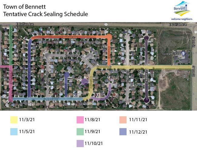 Map of Bennett Centennial Neighborhood with Streets Highlighted Different Colors