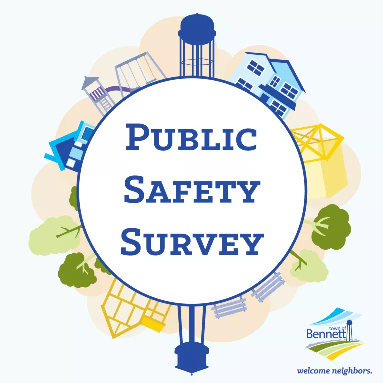 Image of a circle with the words "Public Safety Survey" surrounded by graphics of houses, trees, a playground and water towers