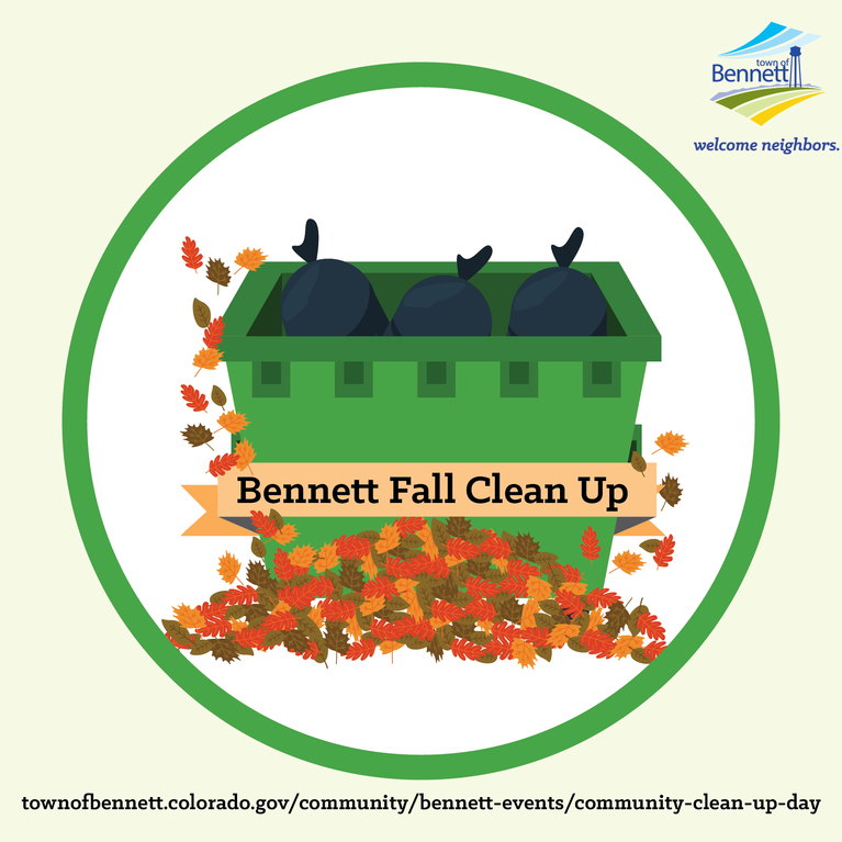 Image of a green dumpster with leaves around it and the words Bennett Fall Clean Up