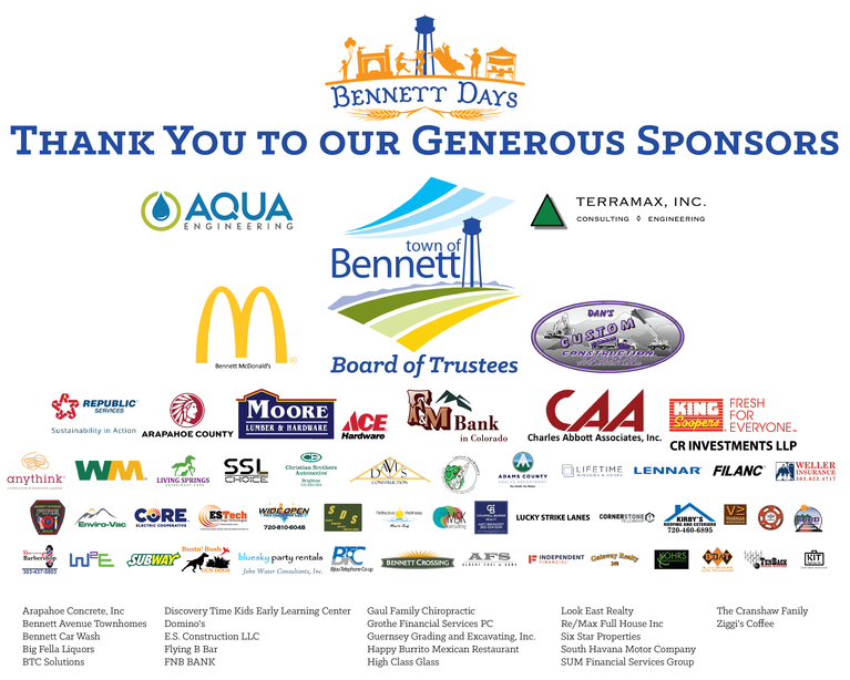 Image that says thank you to Bennett Days sponsors with the logos of the Bennett Days Sponsors