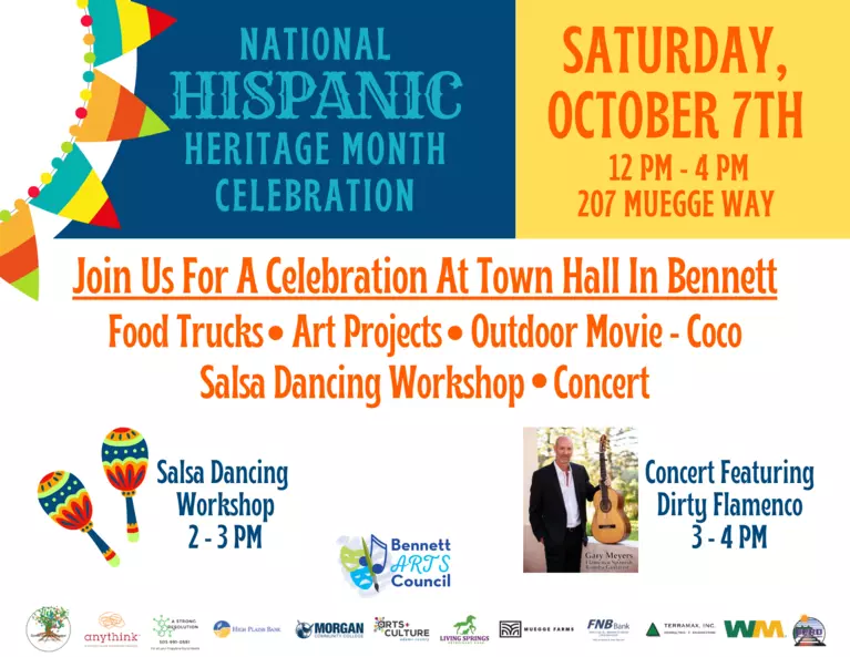 Colorful flyer promoting The Town of Bennett's Hispanic Heritage Month celebration