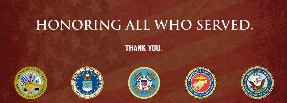 Text saying honoring all those who served with the symbols for the army, air force, navy, marines and coast gaurd
